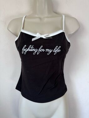 Black Spaghetti Strap Tank with Contrast Trim - "fighting for my life"